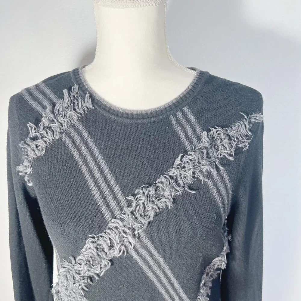 Vintage Bass Black and Grey Plaid Sweater Fringe Women's Size M Grunge Punk - Picture 2 of 7